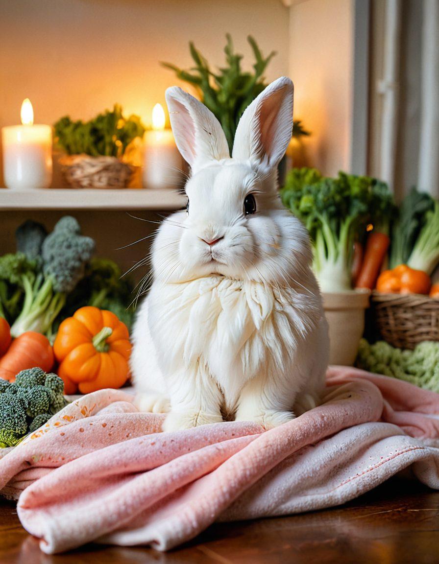 A cozy indoor scene featuring a fluffy bunny nestled in a soft, colorful blanket surrounded by care essentials like a food bowl, fresh veggies, and a small, playful toy. The background includes gentle pastel colors and warm lighting, creating a nurturing atmosphere. Captivating details such as the bunny's bright eyes and twitching nose convey cuteness and curiosity. super-realistic. vibrant colors. soft lighting.