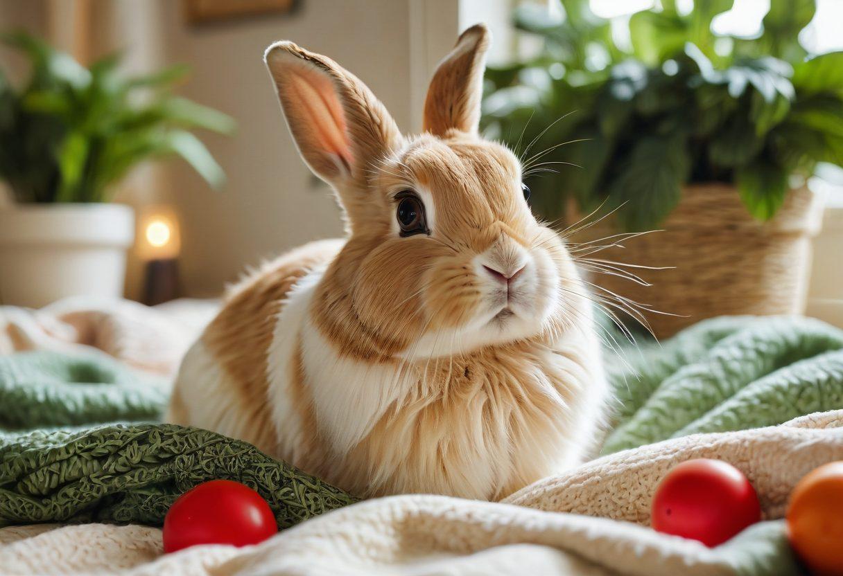 A close-up of a curious bunny exploring its cozy environment, surrounded by colorful toys, fresh greens, and a soft, warm blanket. The bunny's expressive eyes should convey curiosity and playfulness. Include a background of a sunlit room with plants, highlighting the warmth of a loving pet space. Captivating details like twitching ears and fluffy fur enhance the charm. super-realistic. vibrant colors. soft lighting.
