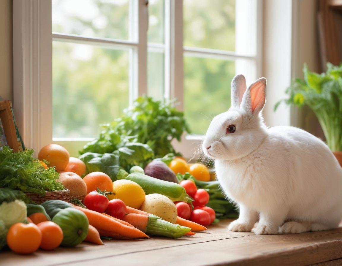 A cozy living room with a fluffy rabbit happily nibbling on a colorful array of fresh vegetables and fruits scattered around. In the background, a charming bookshelf filled with pet care books, and a window inviting soft sunlight. A playful scene capturing the joy of caring for pet rabbits, with a vibrant green plant beside the rabbit. soft focus. bright colors. painting.